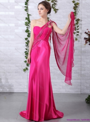 Elegant One Shoulder Fuchsia Prom Dress with Beading and Ruching