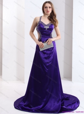 Luxurious Halter Top Purple Criss Cross Prom Dress with Court Train
