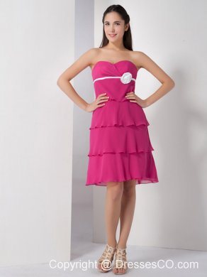 Latest Hot Pink Empire Bridesmaid Dress Chiffon Hand Made Flower Knee-length