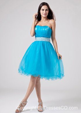 Teal Strapless Prom Dress With Sash and Ruched With Organza