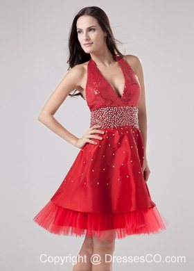 Luxurious Red Halter Prom Dress Beaded Decorate With Satin and Tulle