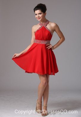 Halter Beading And Ruching Stylish Prom Dress With Mini-length