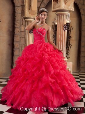 Coral Red Ball Gown Long Ruffles Organza Quinceanera Dress