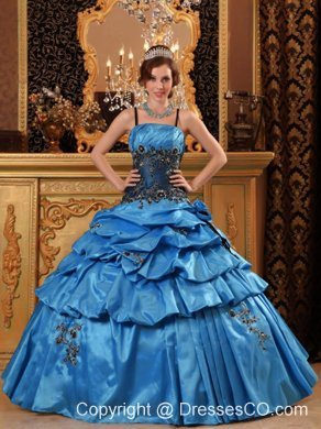 Blue Ball Gown Straps Long Taffeta Appliques Quinceanera Dress