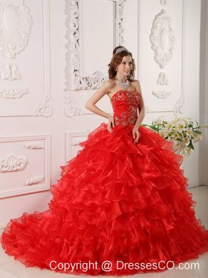 Redball Gown Strapless Long Organza Ruffles And Embroidery Quinceanera Dress