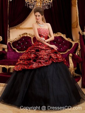 Red And Black Strapless Ball Gown Long Zebra And Tulle Hand Made Flowers Quinceanera Dress