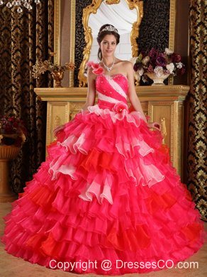 Red Ball Gown One Shoulder Long Organza Ruffles And Beading Quinceanera Dress
