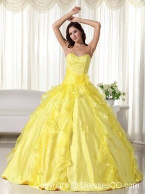 Yellow Ball Gown Long Taffeta Embroidery Quinceanera Dress