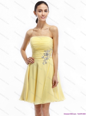 Strapless Mini Length Prom Dress with Ruching and Rhinestones