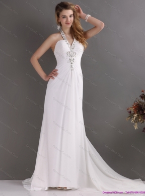 Beautiful Halter Top White Prom Dress with Ruching and Beading