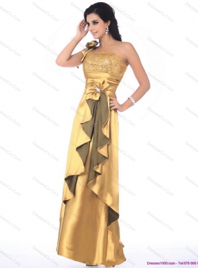 Gorgeous One Shoulder Gold Prom Dress with Hand Made Flowers and Ruching