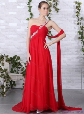 Popular One Shoulder Red Prom Dress with Beadings and Brush Train