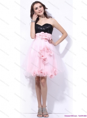 Sequins and Hand Made Flowers Prom Dress in Pink and Black
