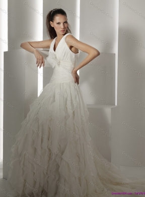 Ruffled Brush Train White Wedding Dress with Hand Made Flower