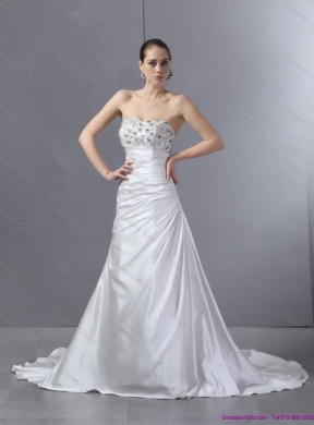 White Pleated Sequined Wedding Dress with Court Train