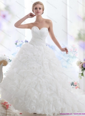 Ruffles and Beading White Wedding Dress with Brush Train