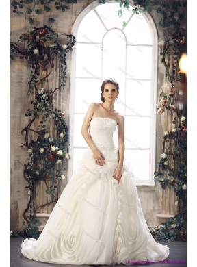 White Strapless Wedding Dress with Chapel Train and Beading