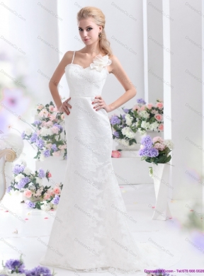 Discount White Column Lace Wedding Dress with Brush Train and Hand Made Flower
