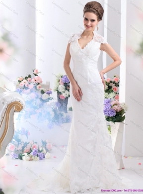 Popular White V Neck Lace Bridal Gown with Brush Train