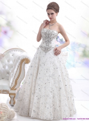 Pretty Strapless Bownot White Lace Wedding Dress with Rhinestones