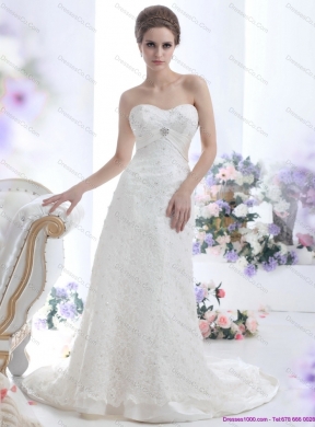 Pretty White Beading Lace Wedding Dress with Brush Train