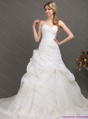 White Ruching Bridal Gowns with Chapel Train and Hand Made Flower