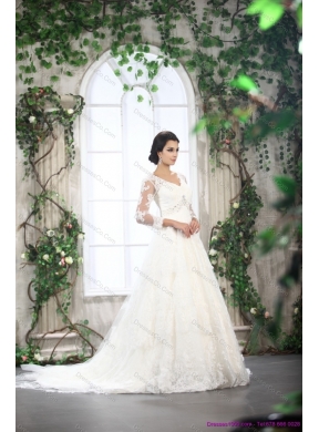 White V Neck Lace Wedding Dress with Brush Train and Beading
