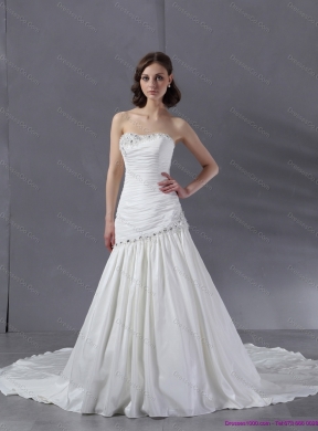 Ruched Beaded Strapless White Chiffon Wedding Dress with Chapel Train