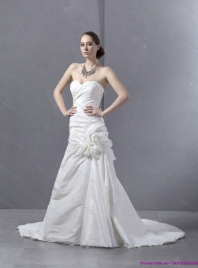 Ruffled Ruched White Chiffon Wedding Dress with Brush Train