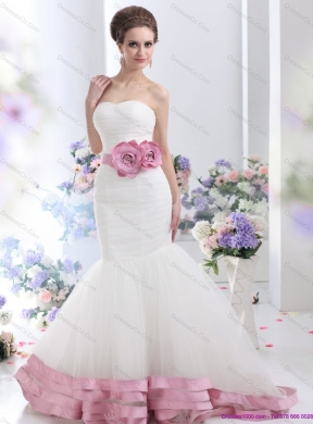 Fashionable Strapless Colored Wedding Dress with Ruching and Hand Made Flowers