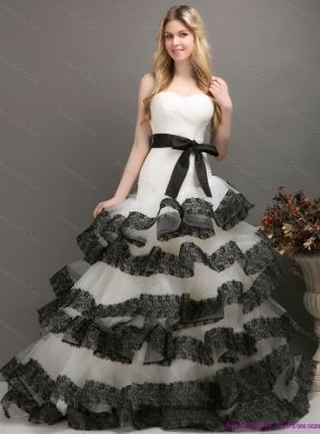 Sash and Lace Strapless Colored Wedding Dress in White and Black