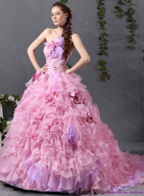 Unique Ruffles Colored Wedding Dress with Hand Made Flower