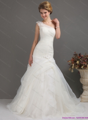 Modest One Shoulder Maternity Wedding Dress with Ruching and Hand Made Flowers