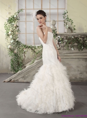 New Style Strapless Maternity Wedding Dress with Lace and Feather