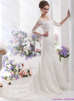 White V Neck Lace Mermaid Wedding Dress with Brush Train and Half Sleeves