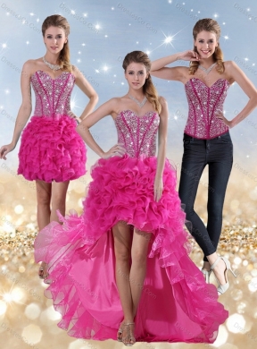Hot Pink High Low Detachable Prom Dress with Beading and Ruffled Layers