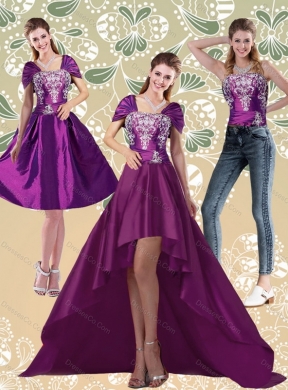 Classical High Low Embroidery Dark Purple Detachable Prom Dress