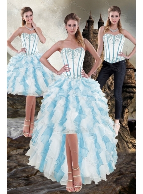 Elegant White and Blue Detachable Prom Dress with Appliques and Ruffles