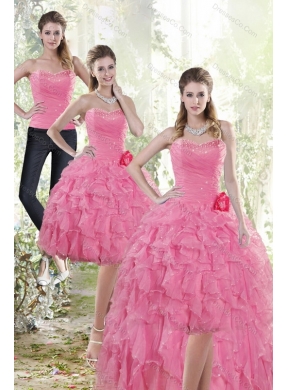 Fashionable Rose Pink Detachable Prom Dress with Beading and Ruffles