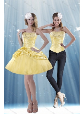 Delicate Strapless Beading and Pick Ups Detachable Dama Dress in Yellow
