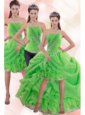 Exclusive Strapless Spring Green Detachable Prom Dress with Appliques and Ruffles