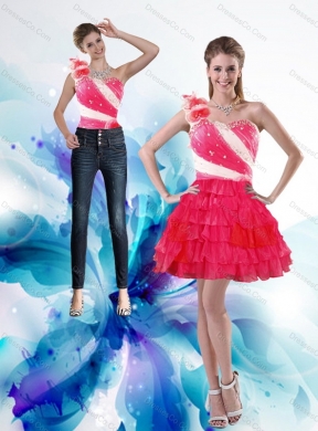 Inexpensive One Shoulder Detachable Prom Dress with Hand Made Flowers and Ruffled Layers