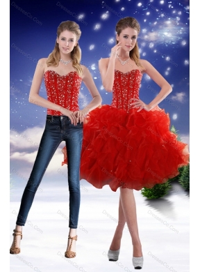 Luxurious Red Detachable Prom Dress with Beading and Ruffles