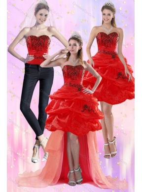 Luxurious Red Strapless Detachable Prom Dress with Appliques and Pick Ups