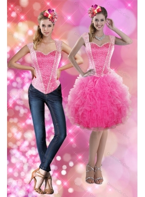 Straps Beading and Ruffles Short Detachable Prom Dress in Pink