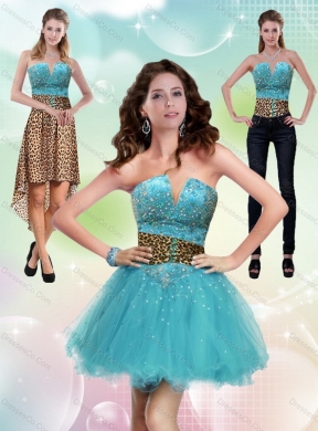 New Style Aqua Blue Leopard Printed Detachable Prom Dress with Beading