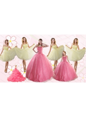 Rose Pink Beading Ball Gown Quinceanera Dress and Strapless Knee Length Dama Dressand Halter Top Little Girl Dress