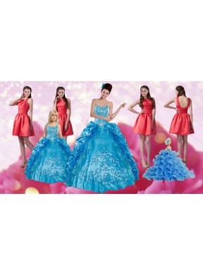Embroidery and Pick Ups Quinceanera Dress and Ruching Short Dama Dressand Spaghetti Straps Teal Little Girl Dress