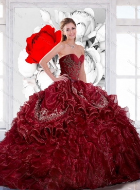 Cheap Wine Red Quinceanera Dress with Appliques and Ruffles