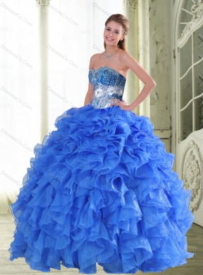 Beautiful Beading and Ruffles Blue Quinceanera Dress Spring